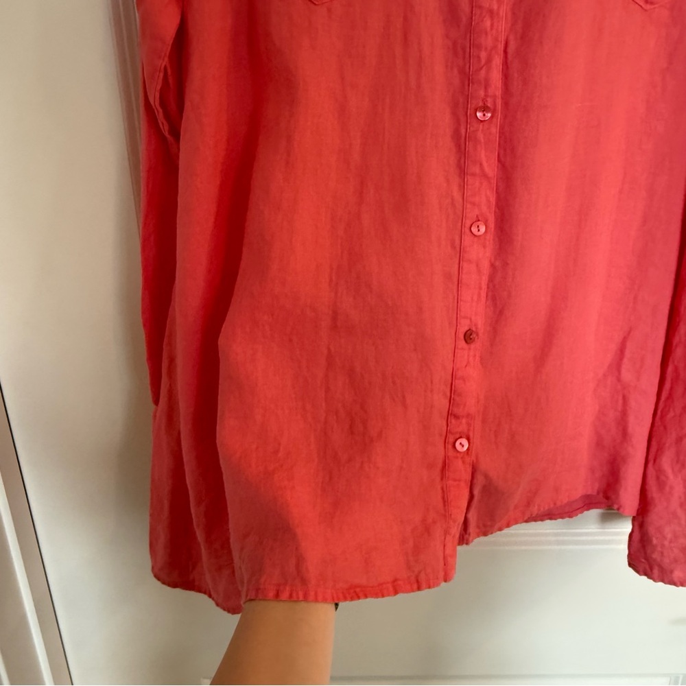 Eileen Fisher Organic Irish Linen Coral Button Down Shirt - Picture 6 of 9